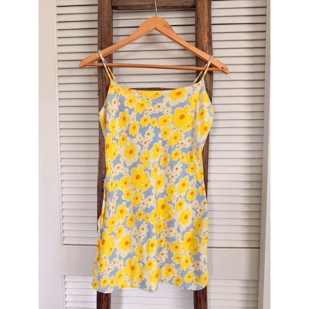 RVCA Mini‎ Dress XS Yellow Floral Daisy Print Spaghetti Strap Tie Back
